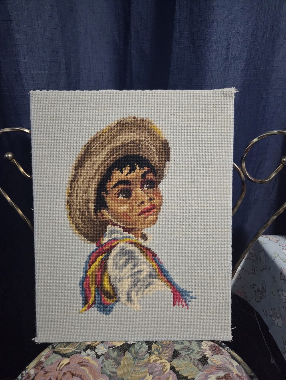 Vintage Hand Stitched Cross Stitch Boy Portrait, Unframed Needlework Art,